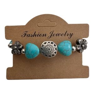 New Boho Faux Turquoise & Silver Tone Beaded Bracelet Aztec Sun Flowers